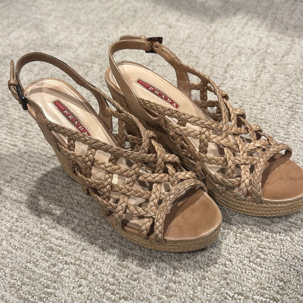 Prada Beige Braided Wedge Sandals Size 37.5 Authentic!